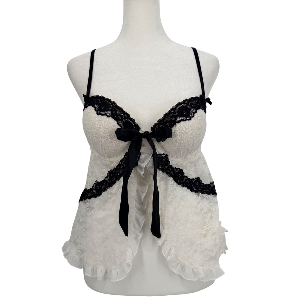 Linea Donatella Delicate Babydoll Medium White/Black Lace Ruffle Bow Soft Girl